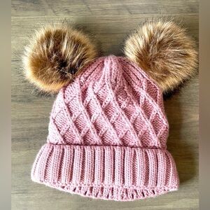Kids Pink double pompom knit beanie